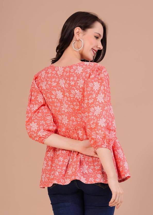 Casual Regular Sleeves Printed Women Orange Top