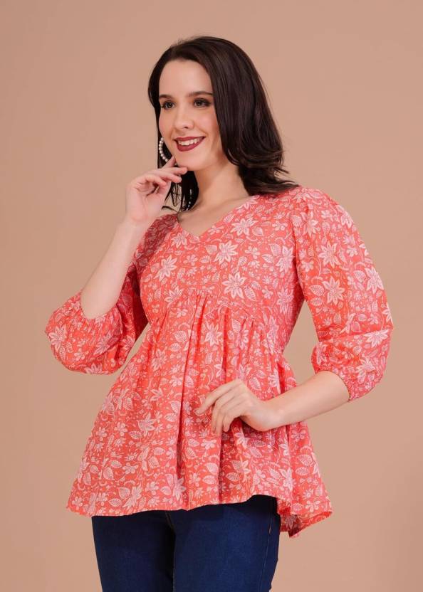 Casual Regular Sleeves Printed Women Orange Top