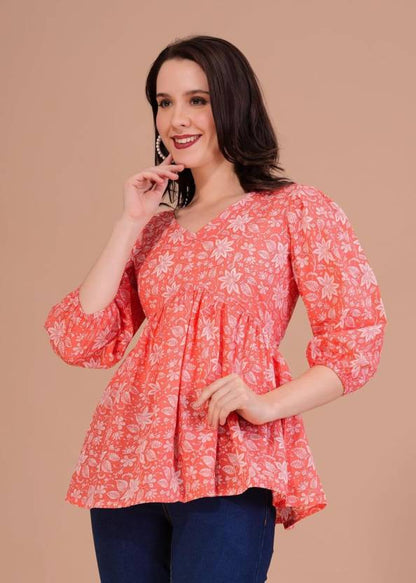 Casual Regular Sleeves Printed Women Orange Top