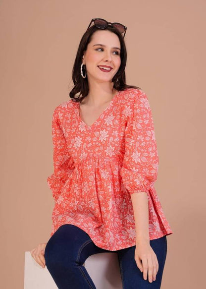 Casual Regular Sleeves Printed Women Orange Top