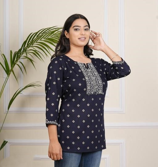 Navy Blue Printed Rayon Short Kurti with Embroidered Yoke