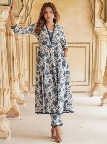 Graceful Blue and White Floral Anarkali Set