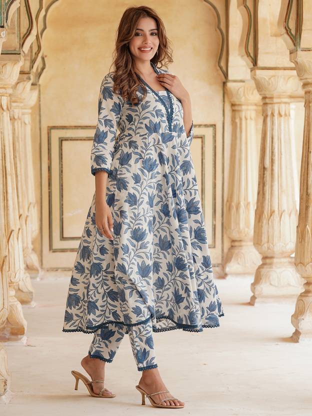 Graceful Blue and White Floral Anarkali Set