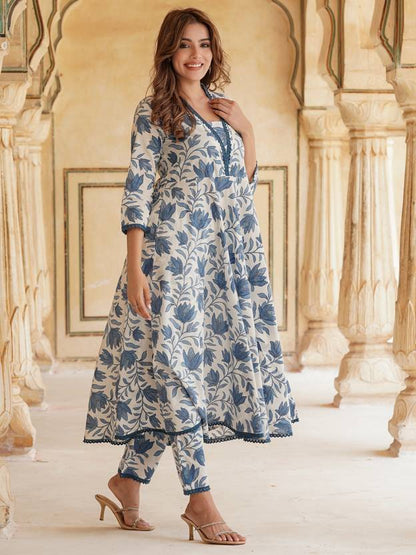 Graceful Blue and White Floral Anarkali Set