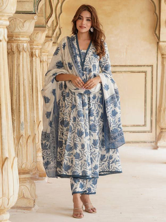 Graceful Blue and White Floral Anarkali Set