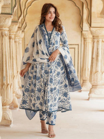 Graceful Blue and White Floral Anarkali Set
