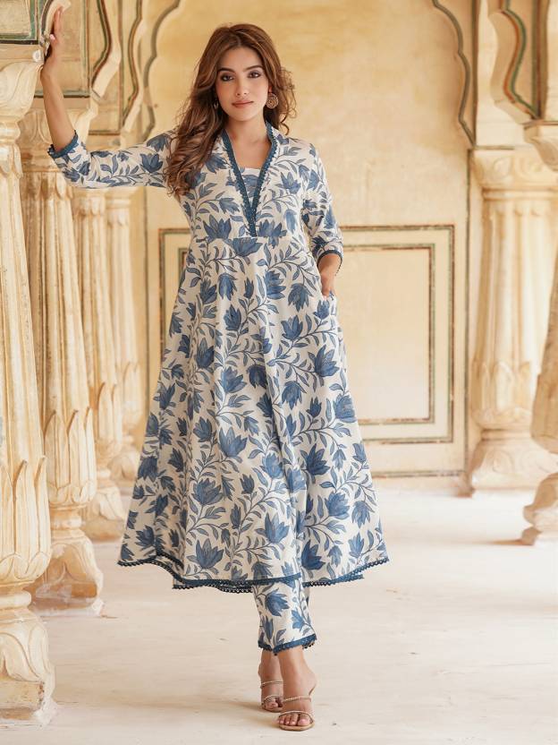 Graceful Blue and White Floral Anarkali Set
