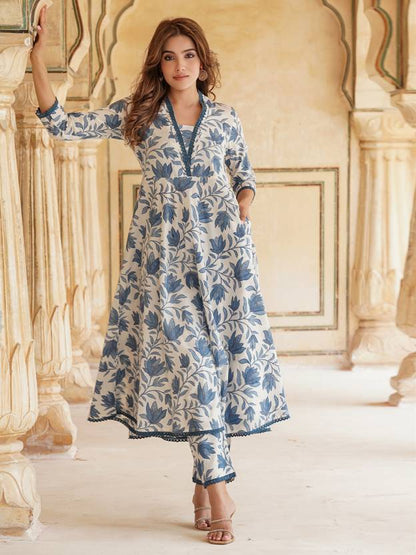 Graceful Blue and White Floral Anarkali Set