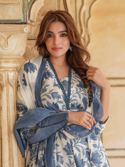 Graceful Blue and White Floral Anarkali Set