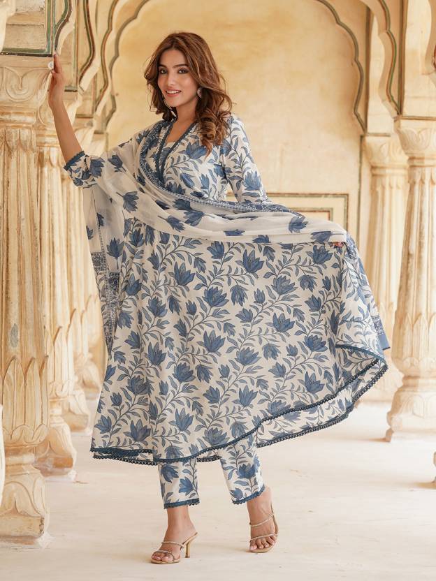 Graceful Blue and White Floral Anarkali Set