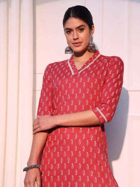 Elegant Dark Peach Printed Straight Long Kurta