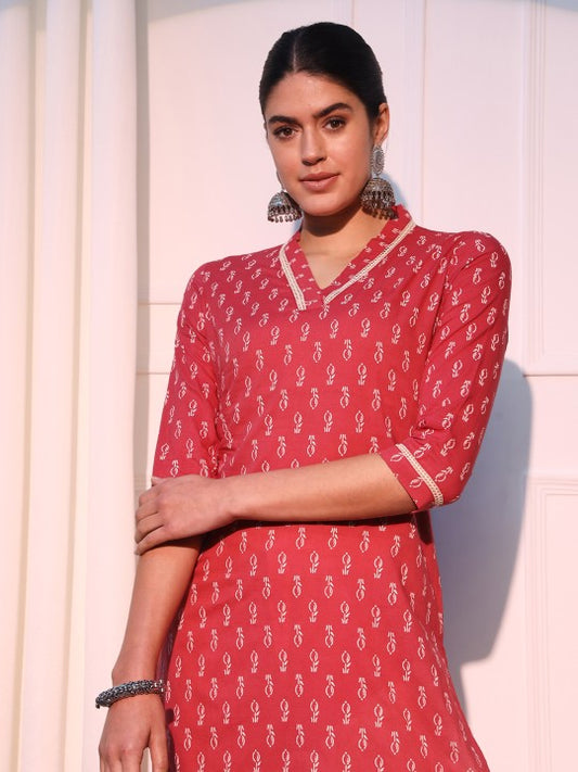 Elegant Dark Peach Printed Straight Long Kurta