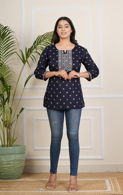 Navy Blue Printed Rayon Short Kurti with Embroidered Yoke